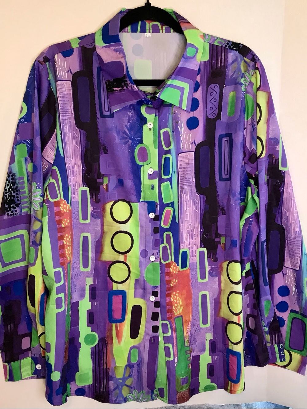 Women's Elegant Geometric Print Shirt Vibrant Multicolor Abstract Design Sz 2XL